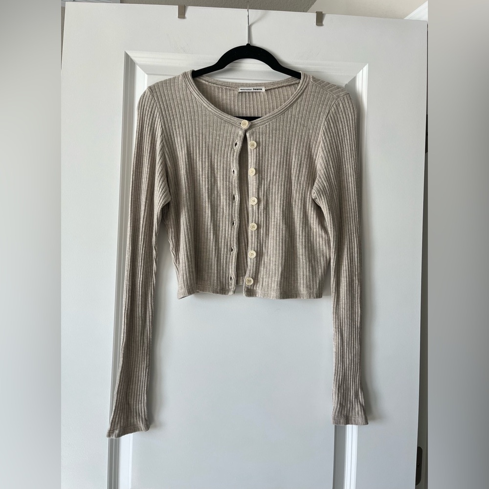Reformation Neutral Beige Ribbed Button-Front Crop Cardigan